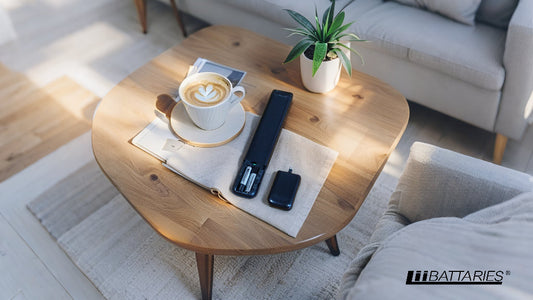 Top-down view of a black TV remote with the back flap open on a warm wood coffee table, two sleek black LiiBatteries AAA cells seated in the battery slot, soft daylight and minimal lifestyle props.
