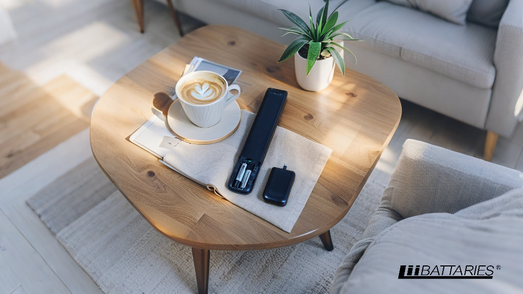 Top-down view of a black TV remote with the back flap open on a warm wood coffee table, two sleek black LiiBatteries AAA cells seated in the battery slot, soft daylight and minimal lifestyle props.